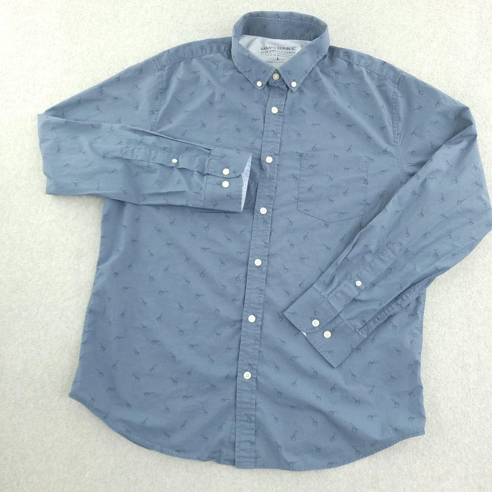 Banana Republic Shirt Mens L Blue Giraffe Print Long Sleeve Button Down Cotton